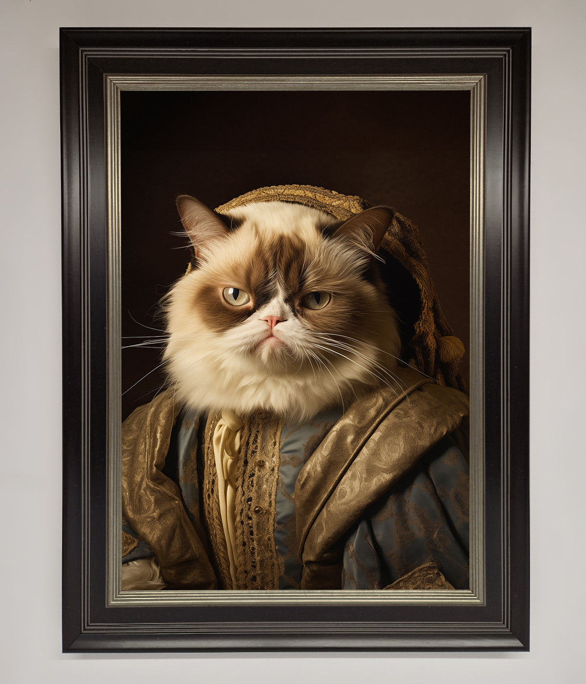 Renaissance Grumpy Cat framed print with regal attire.