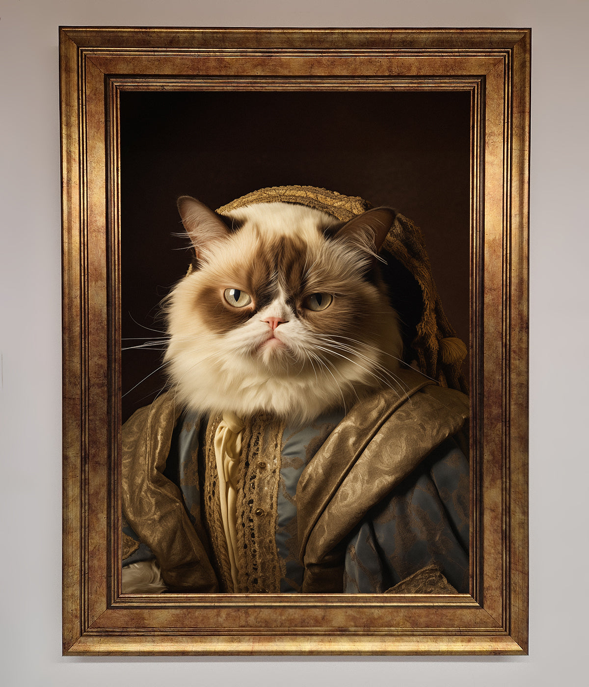 Renaissance Grumpy Cat Framed Print in ornate frame.