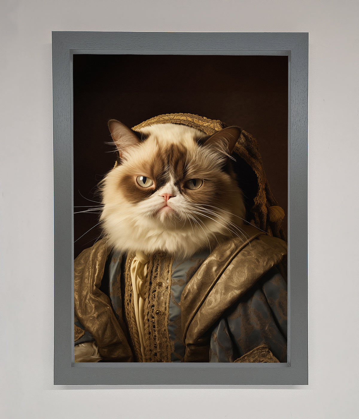 Renaissance Grumpy Cat framed print in classic attire.