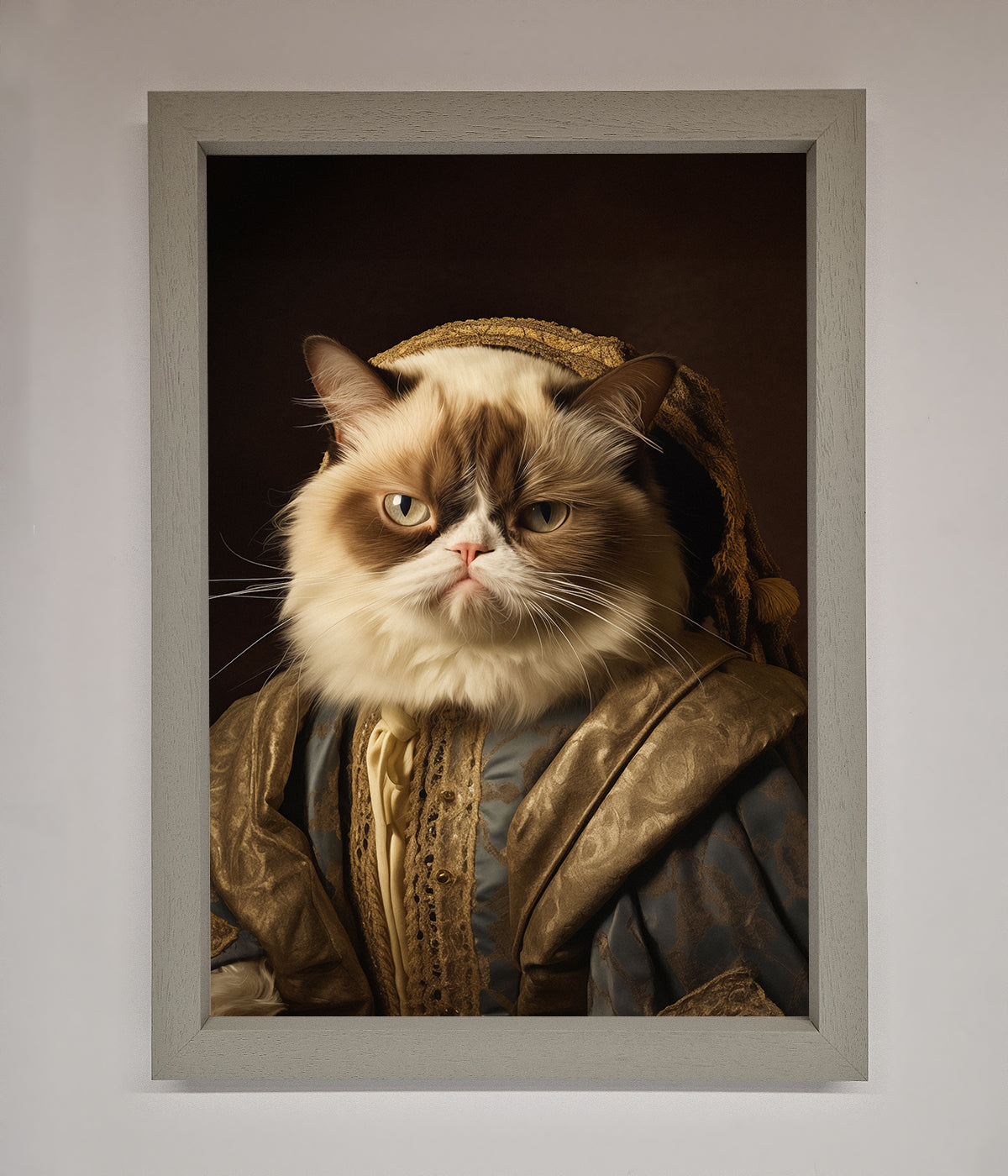 Renaissance Grumpy Cat framed print in regal attire.