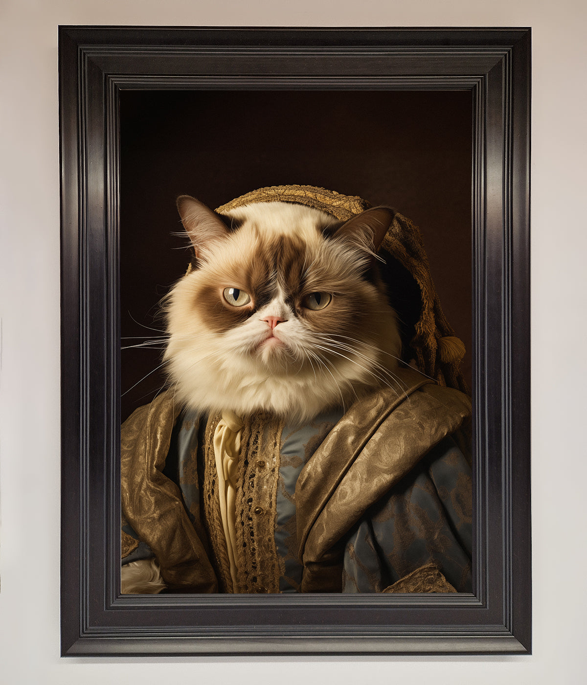 Renaissance Grumpy Cat framed print in elegant attire.