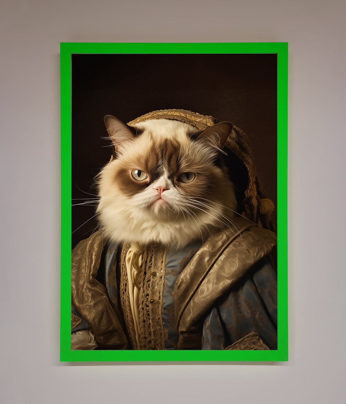 Renaissance Grumpy Cat framed print with artistic portrait.