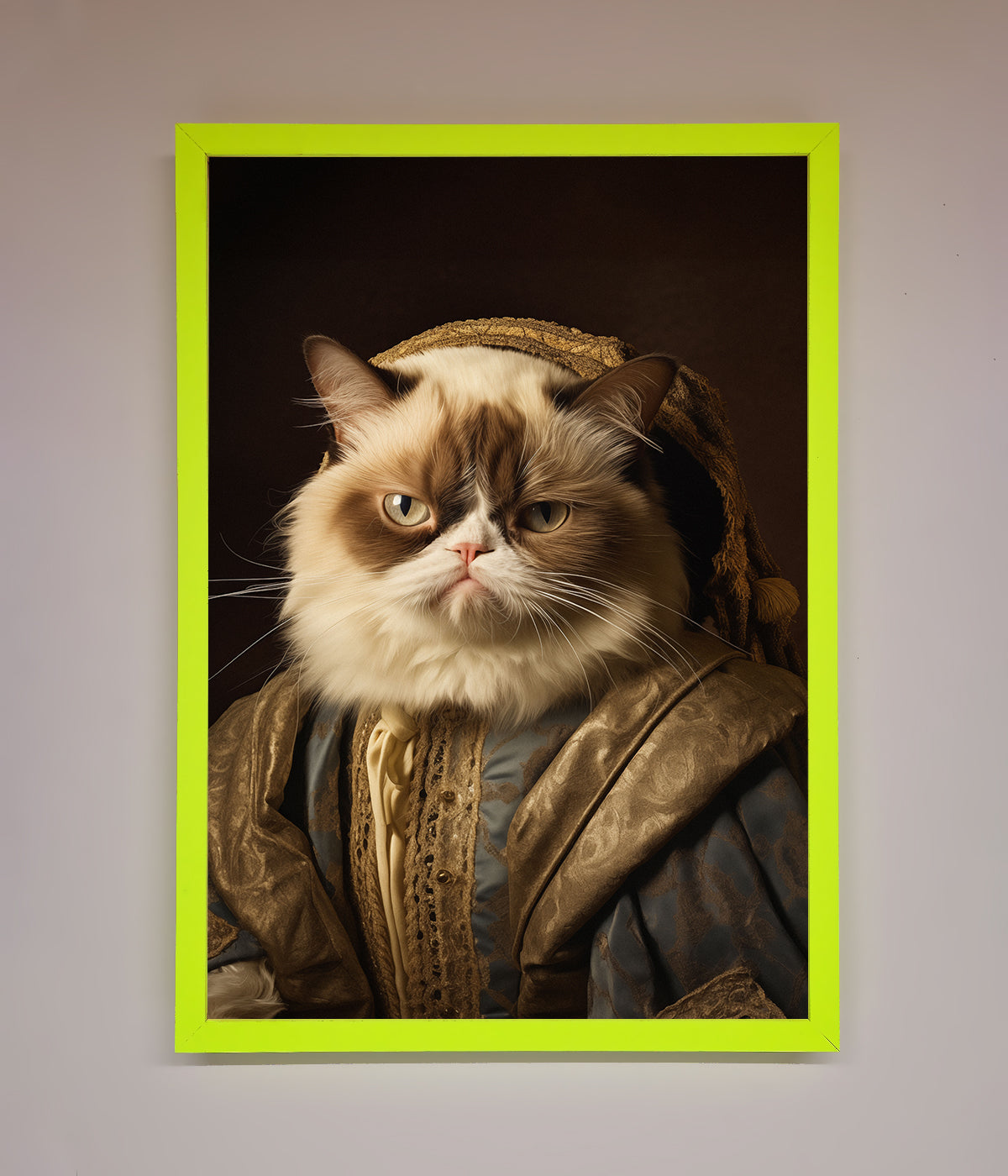 Renaissance Grumpy Cat Framed Print with vibrant border.