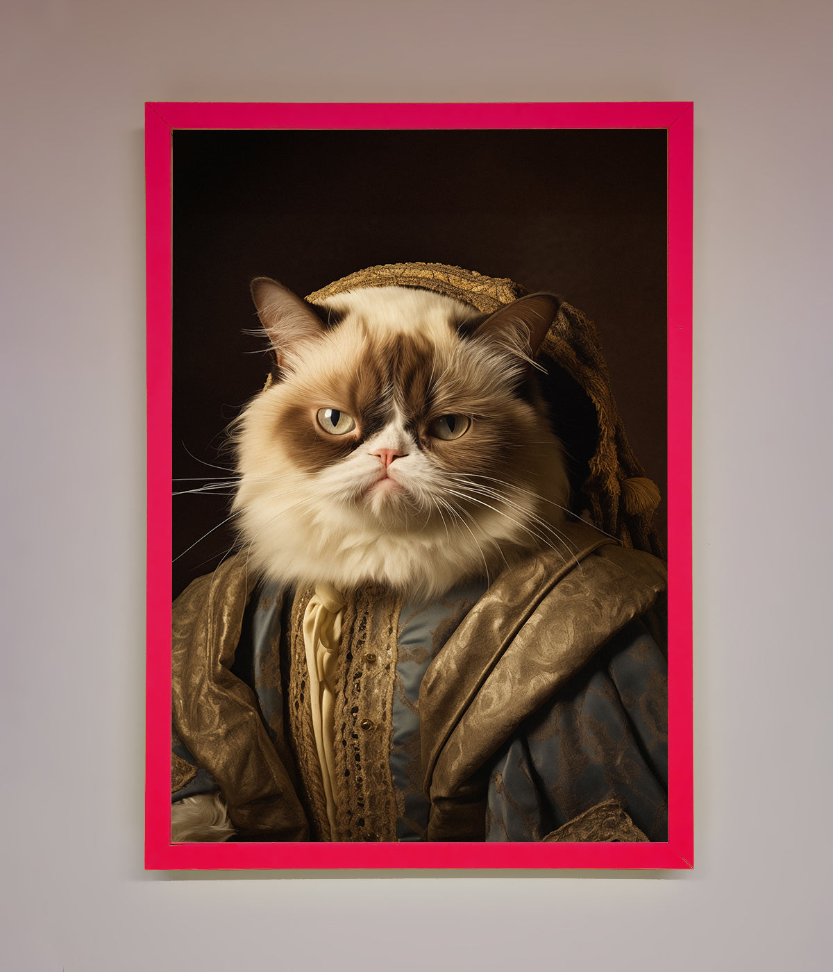 Renaissance Grumpy Cat Framed Print with elegant attire.