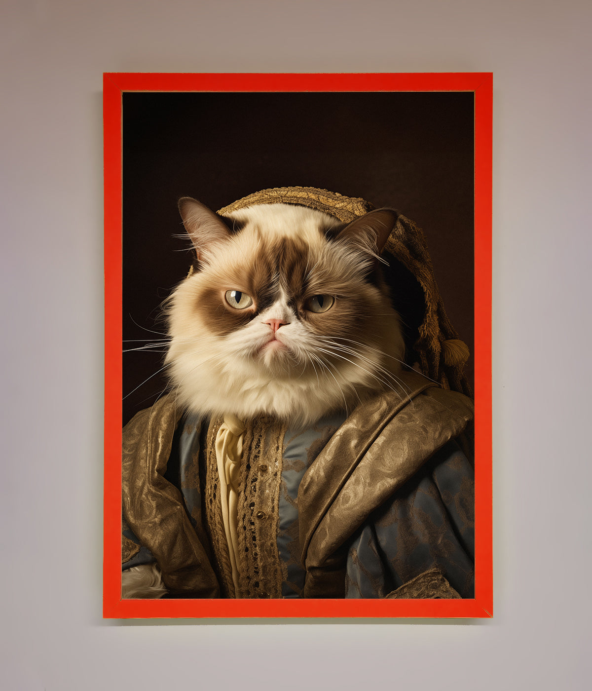 Renaissance Grumpy Cat framed art print in an ornate costume.