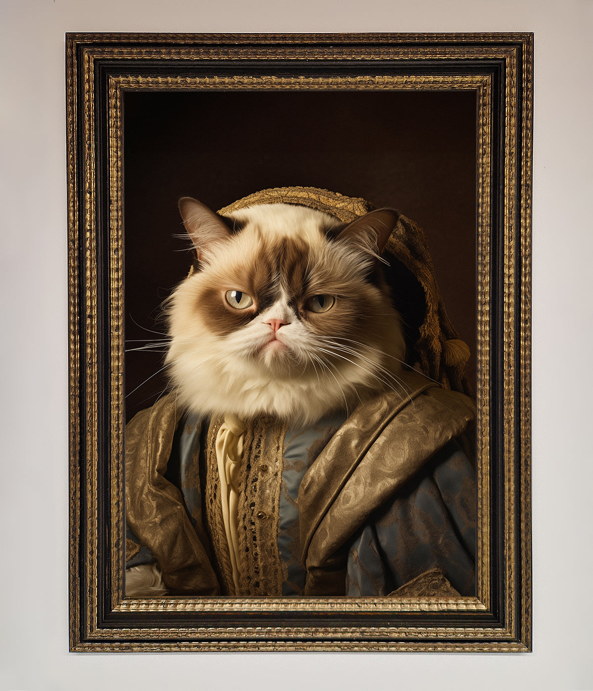 Renaissance Grumpy Cat framed print in ornate frame.