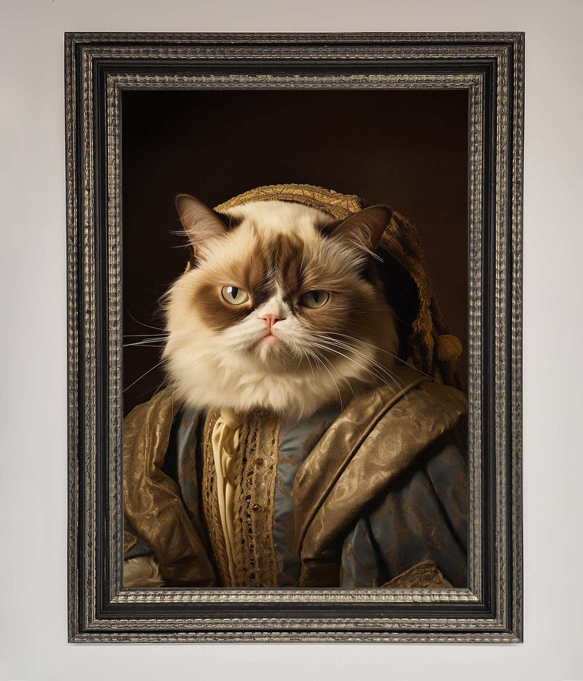 Renaissance Grumpy Cat framed print in an ornate frame.