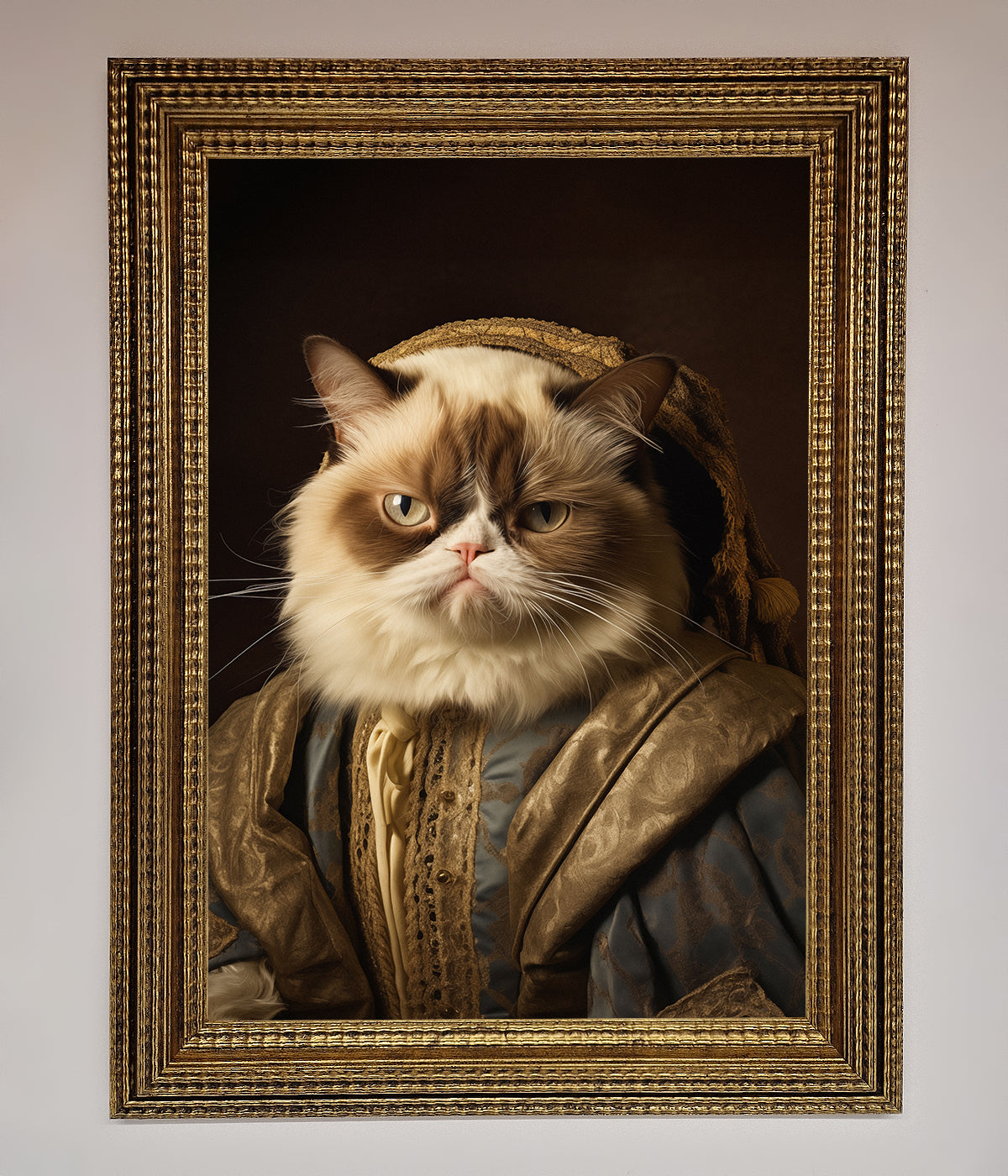 Renaissance Grumpy Cat framed print in regal attire.