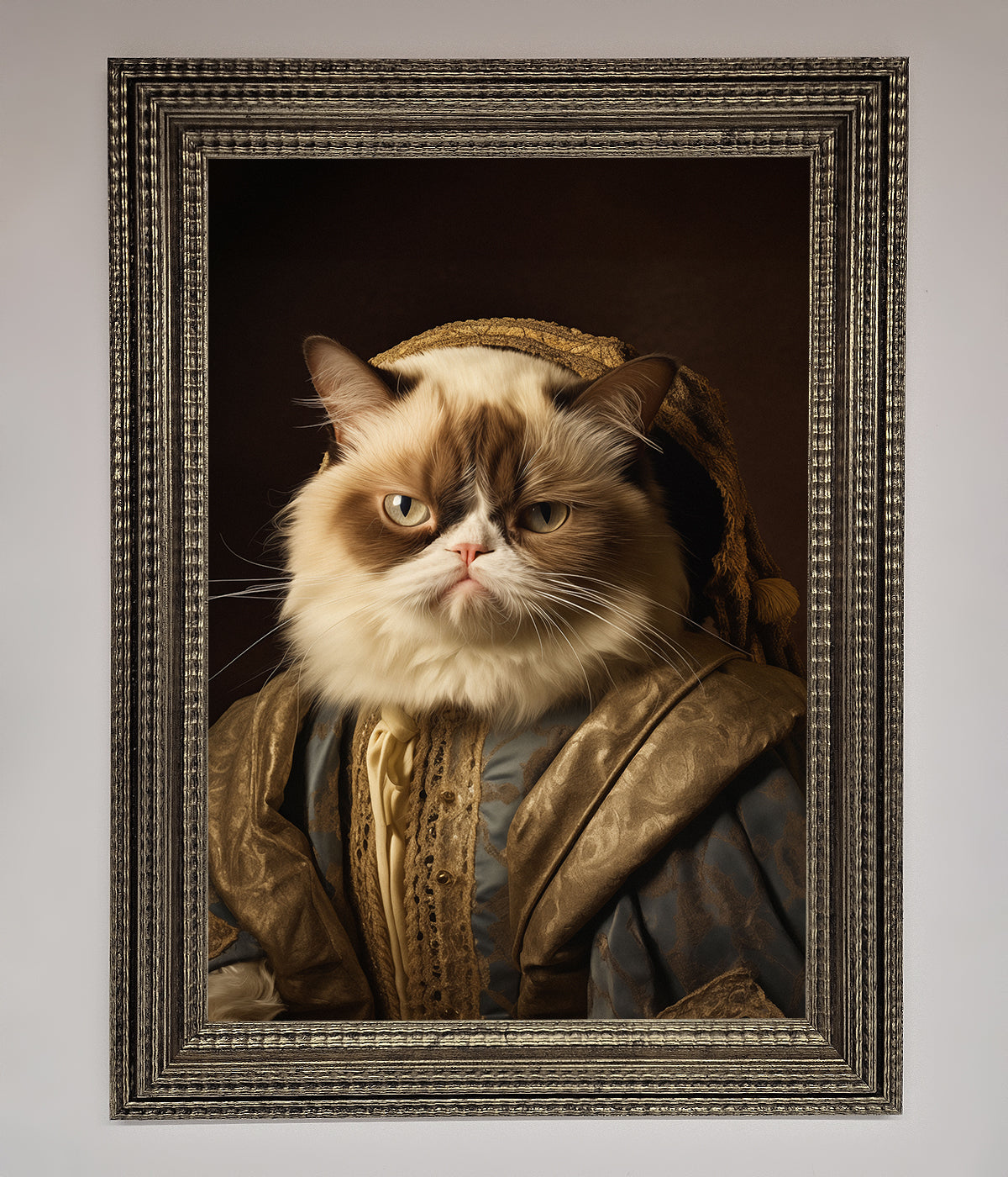 Renaissance Grumpy Cat Framed Print in ornate frame.