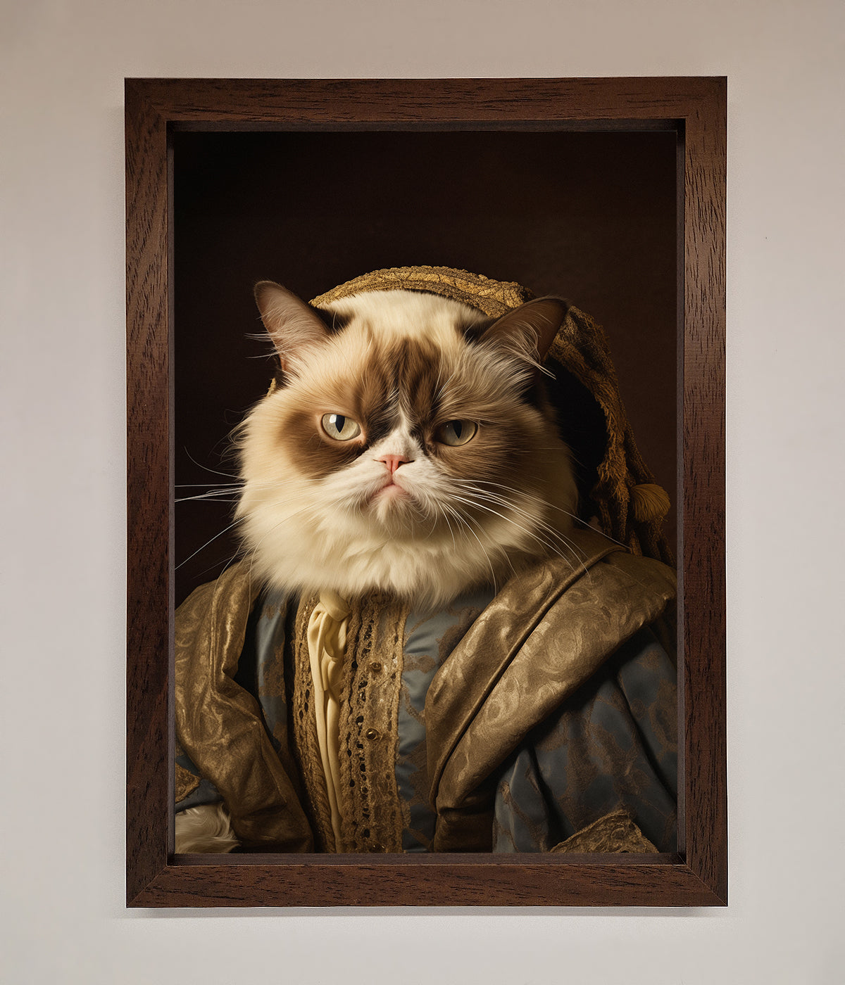 Renaissance Grumpy Cat framed print in ornate attire.