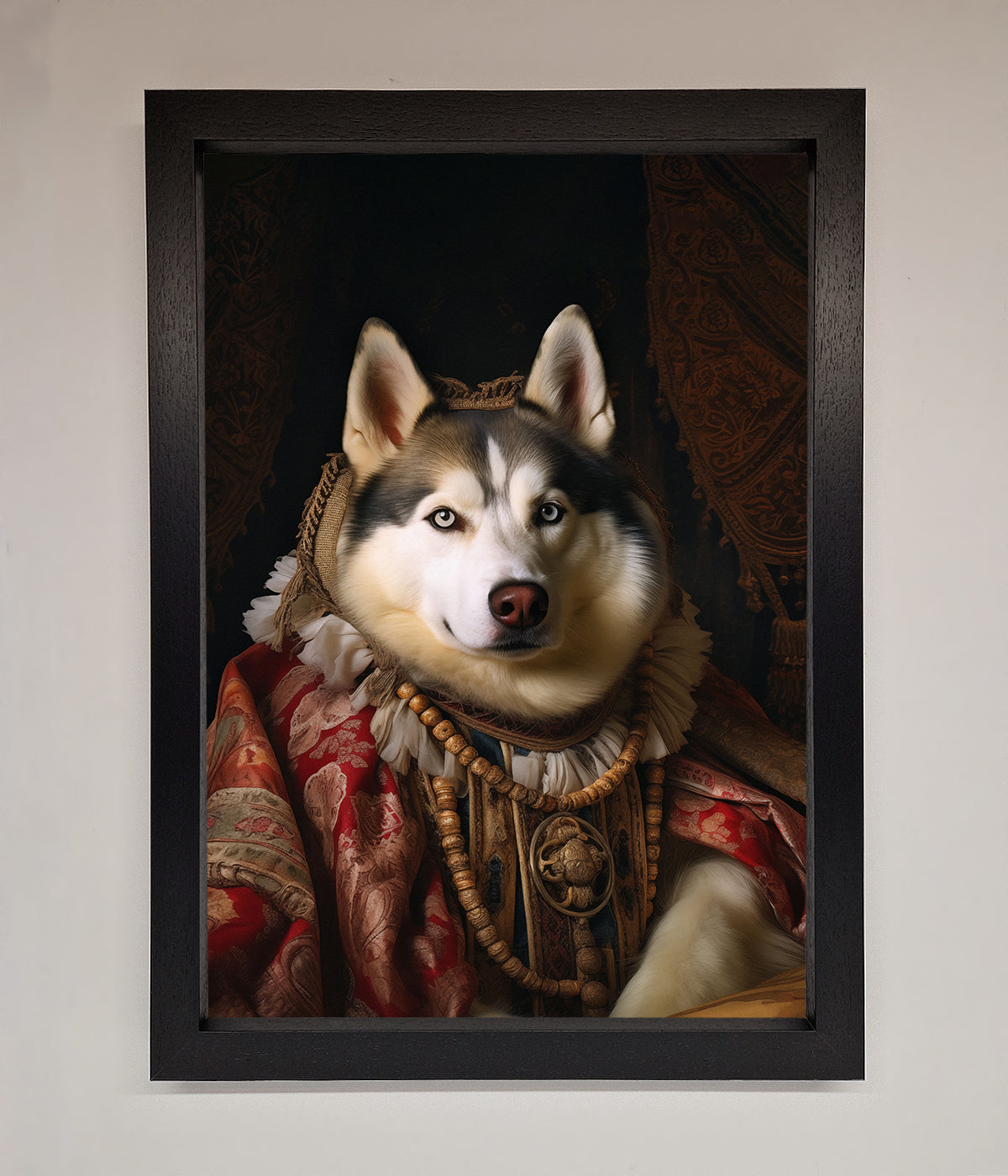 Renaissance Husky framed print in ornate attire.