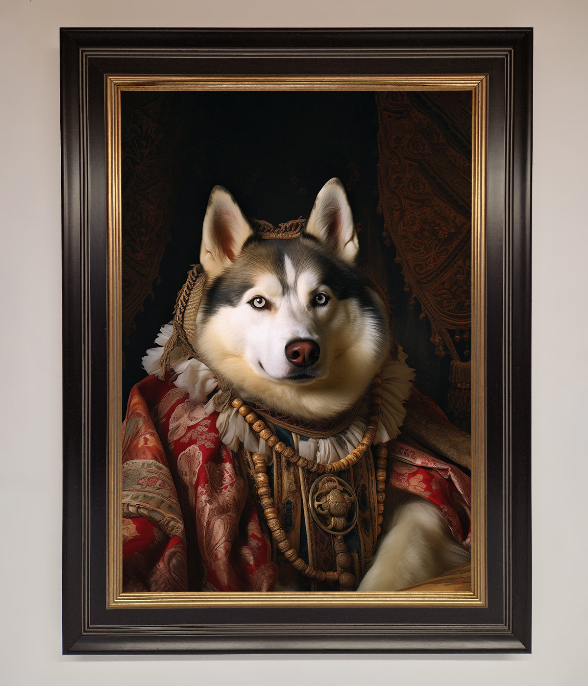 Renaissance Husky Framed Print featuring a regal husky in ornate attire.