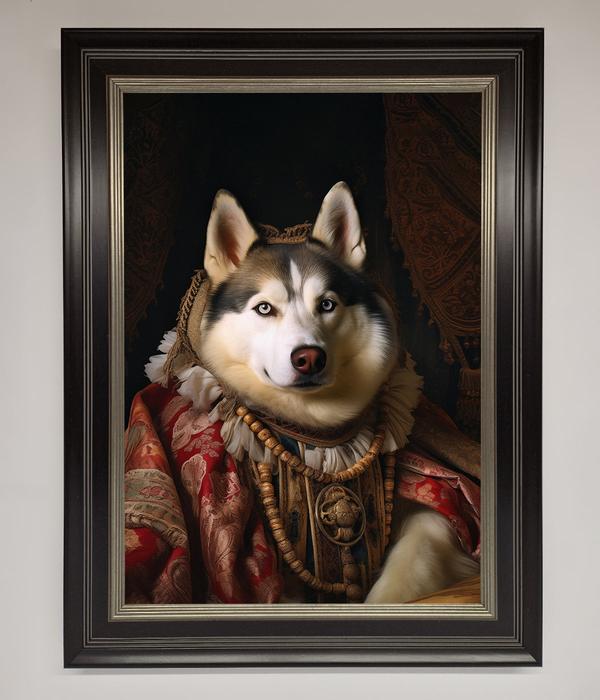 Renaissance Husky Framed Print featuring a regal husky in period attire.