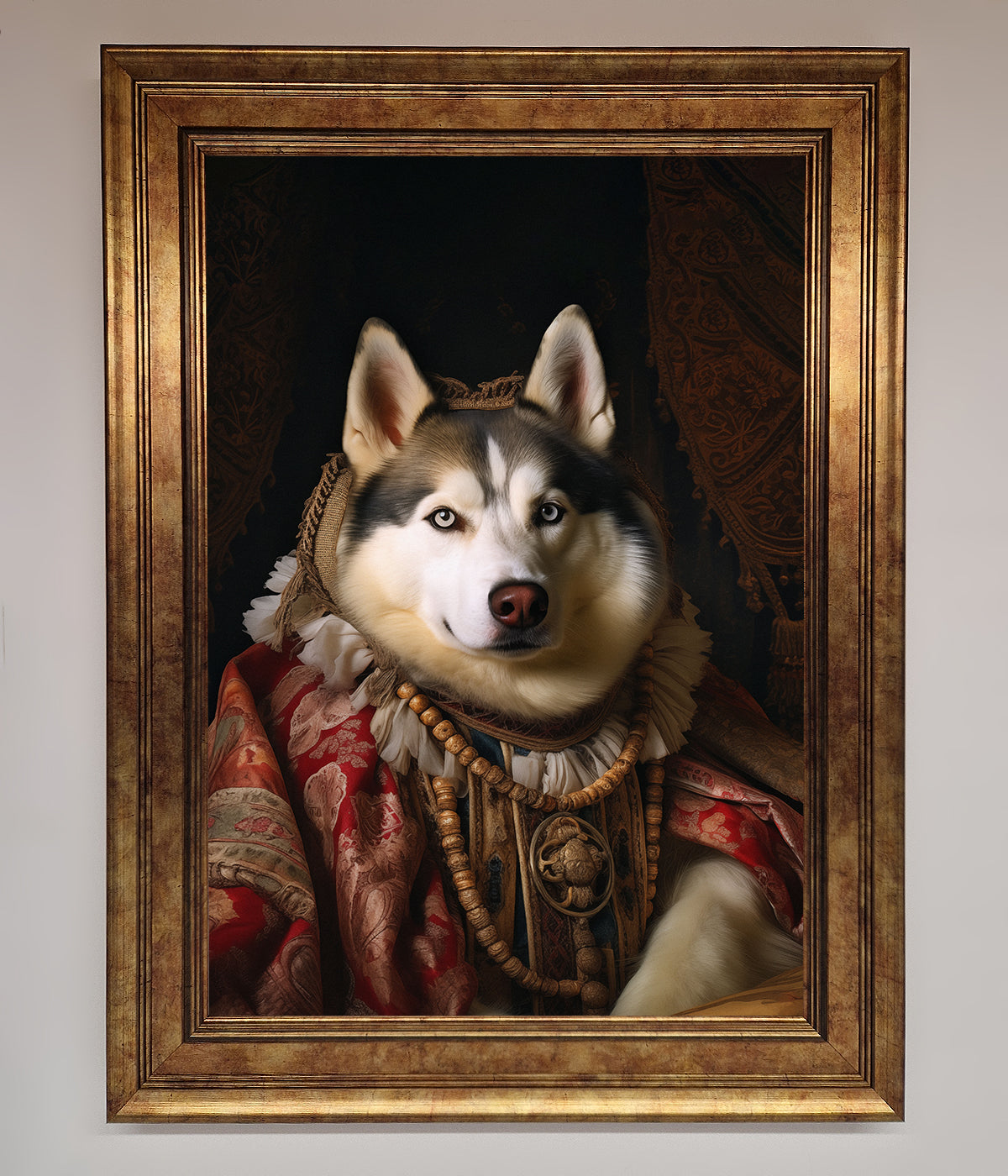 Renaissance Husky framed print with ornate background.