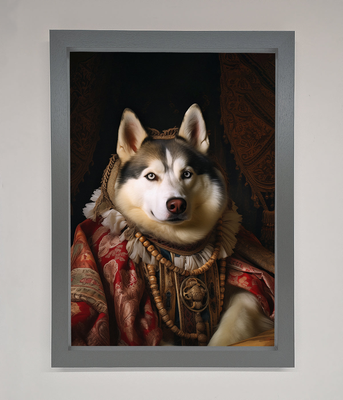 Renaissance Husky portrait in ornate frame.