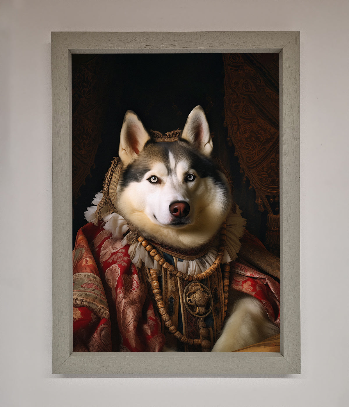 Renaissance-style portrait of a husky in an ornate frame.