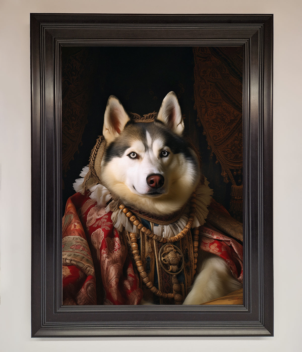 Renaissance Husky framed print in ornate costume.