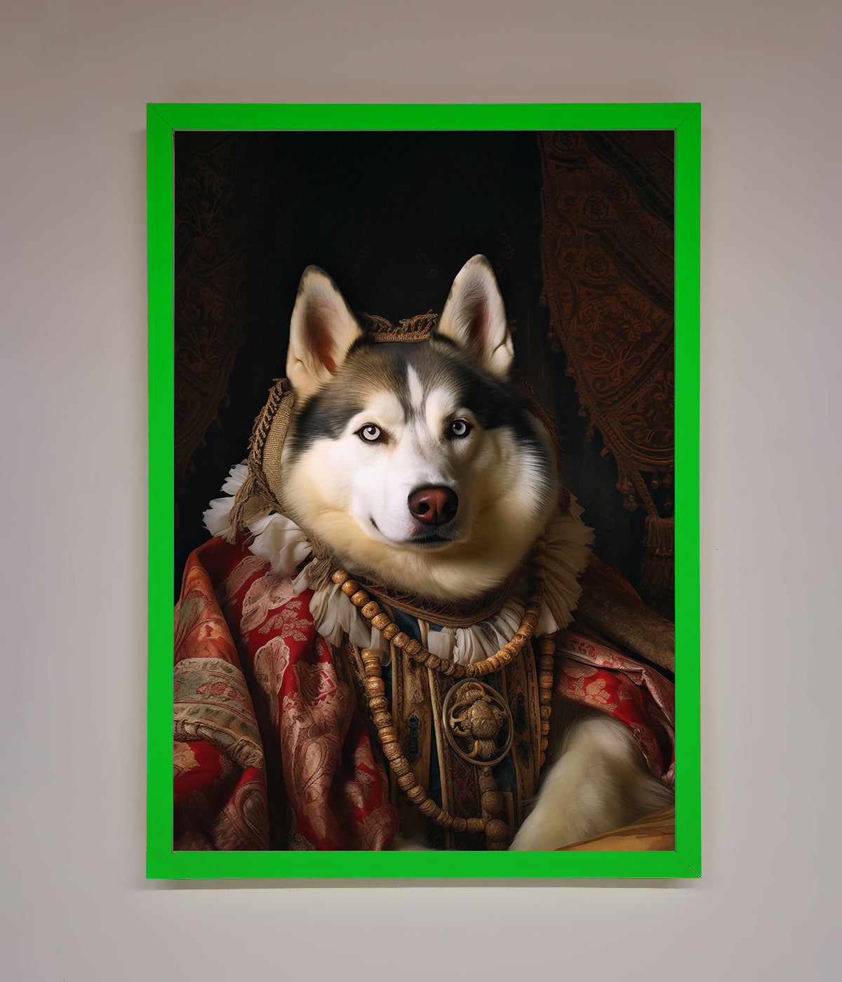 Renaissance Husky framed print with vivid green border.