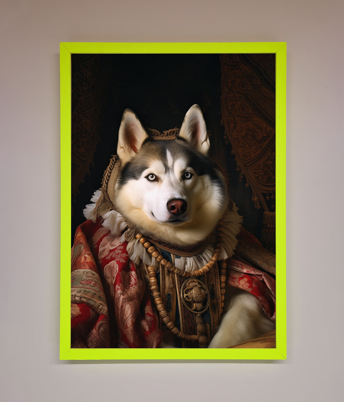 Renaissance Husky in ornate attire, framed print.