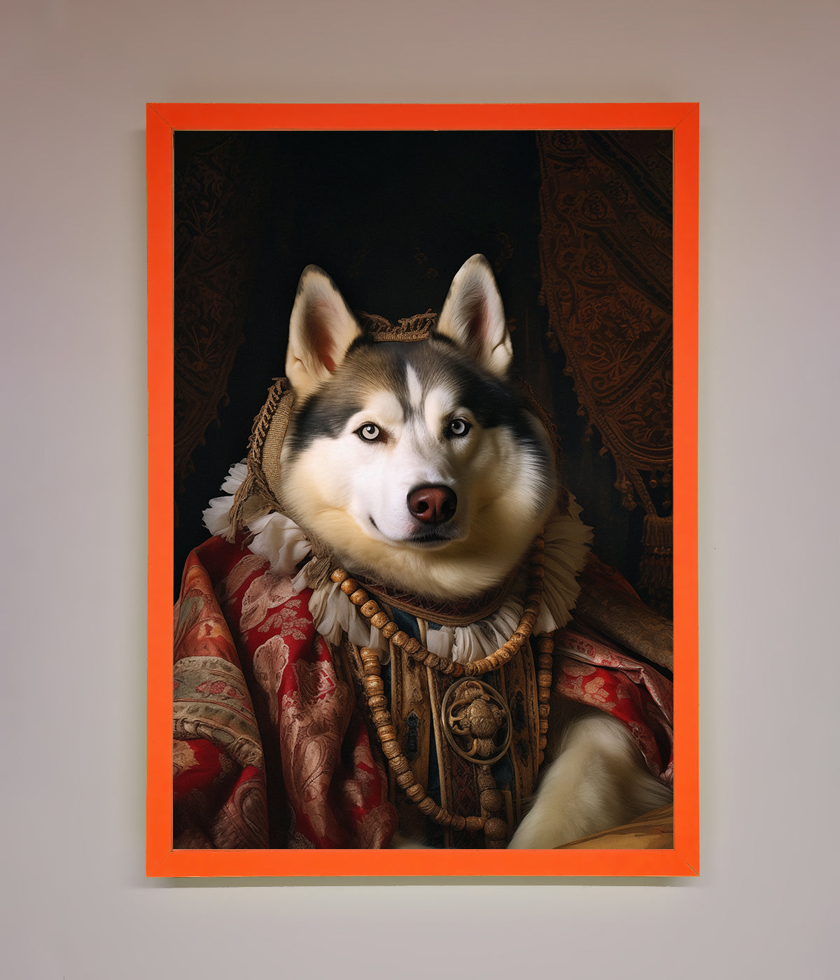 Renaissance Husky framed print featuring a husky in regal attire.