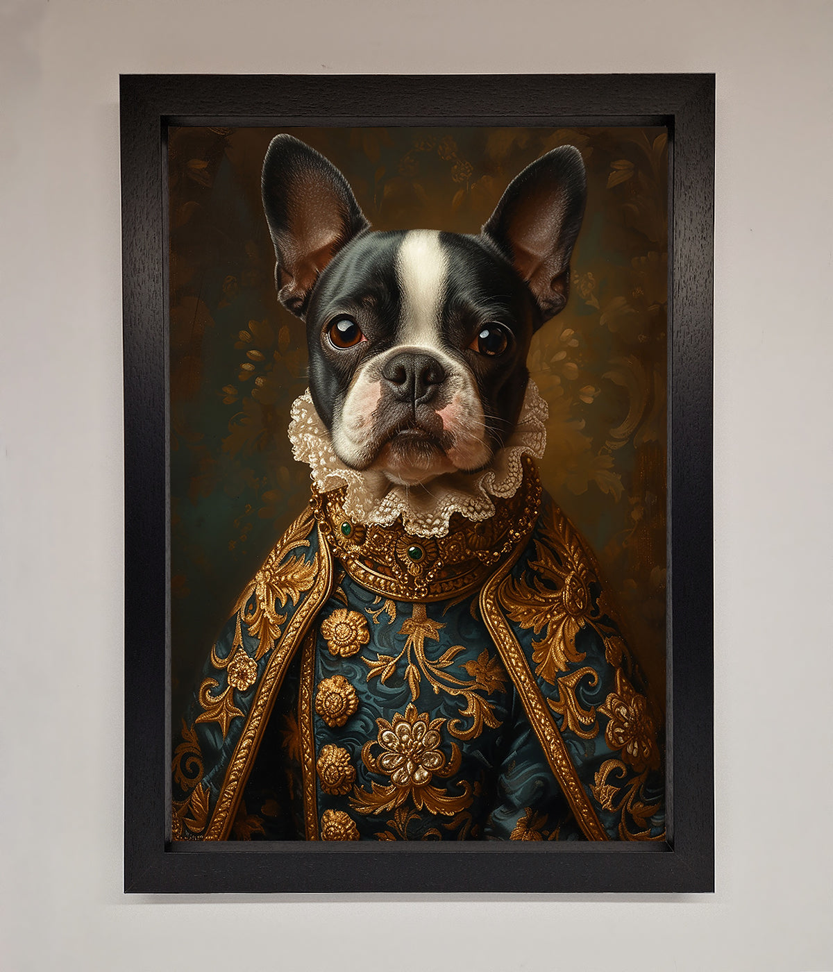 Renaissance French Bulldog framed print with elegant and classic design.