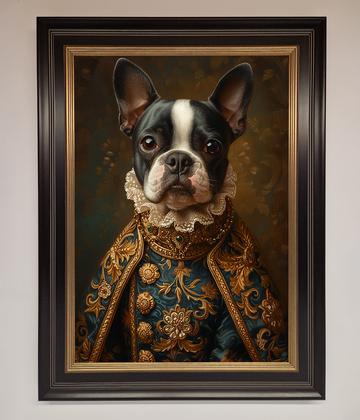 Renaissance French Bulldog Framed Print showcasing classic art and modern charm with elegant detailing.