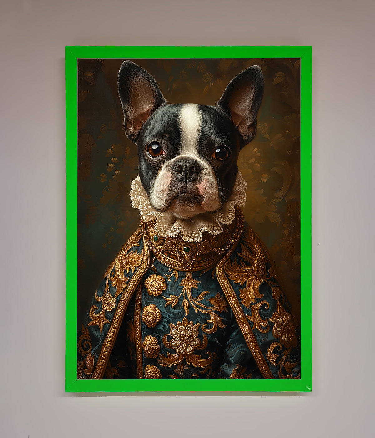 Renaissance French Bulldog Framed Print with green frame, elegant pet art decor.