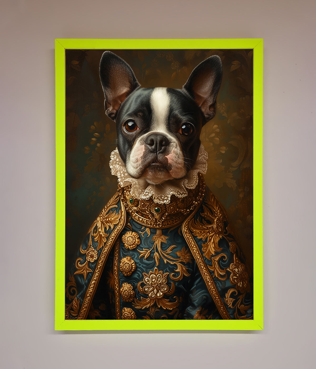 Renaissance French Bulldog framed print in ornate modern frame.