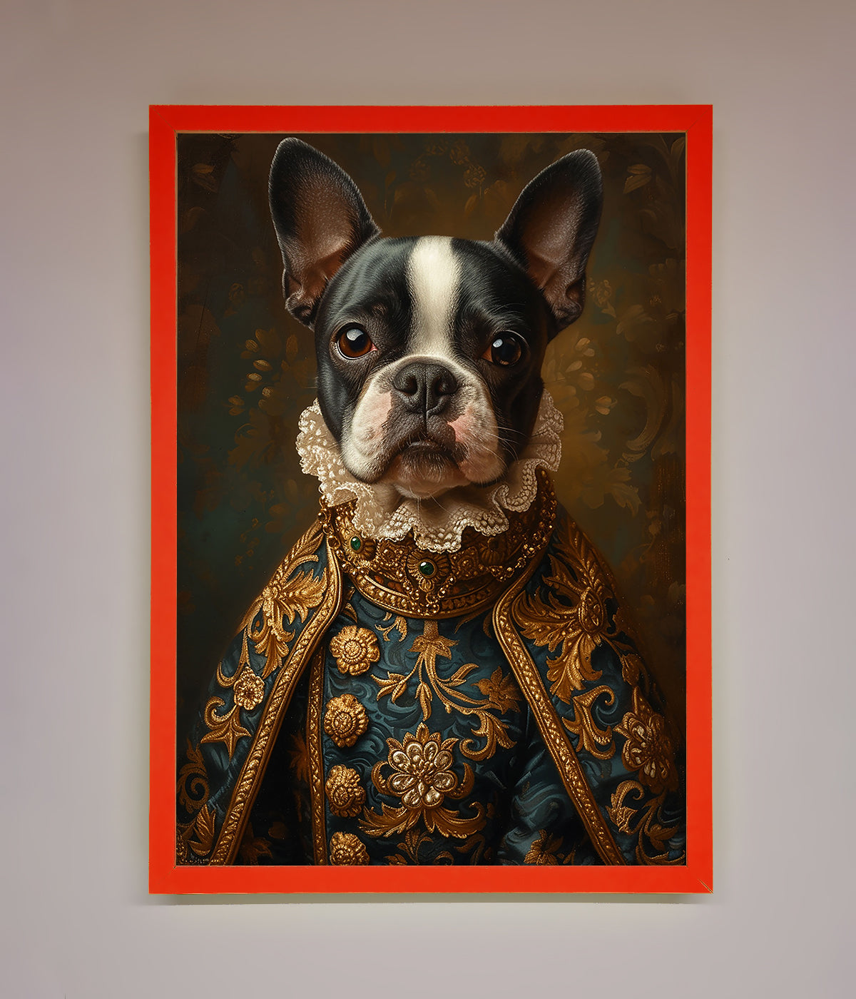 Renaissance French Bulldog Framed Print in ornate costume, elegant home decor.