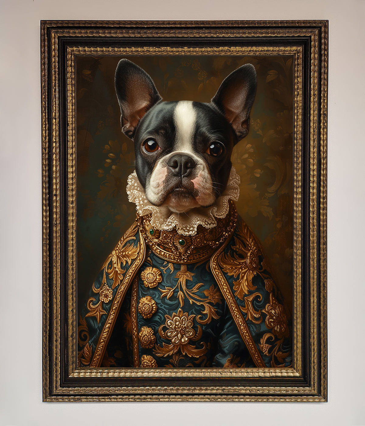 Renaissance French Bulldog framed print with ornate design.