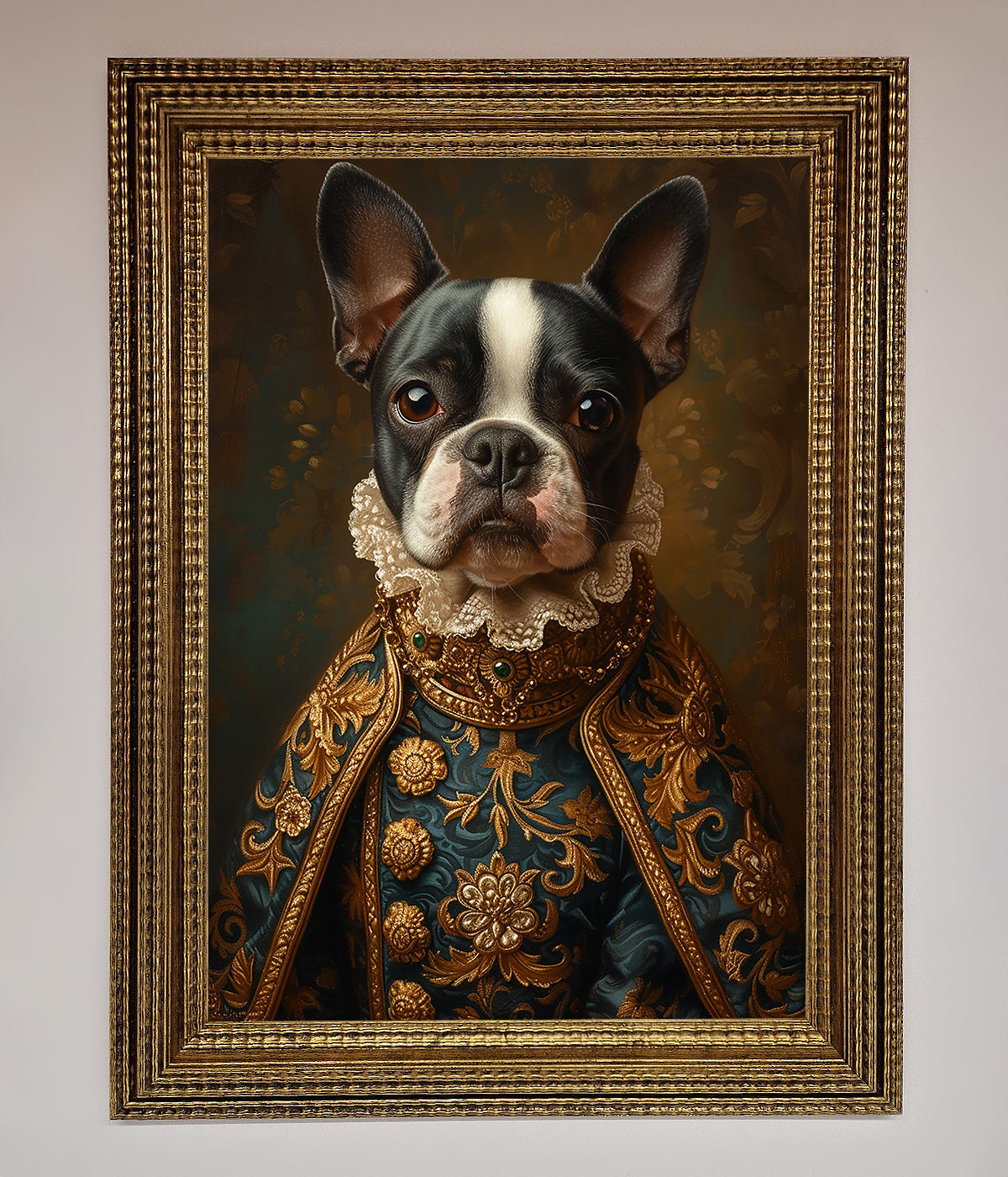 Renaissance French Bulldog framed print in ornate design.