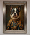 Renaissance French Bulldog framed print with ornate attire in silver frame.