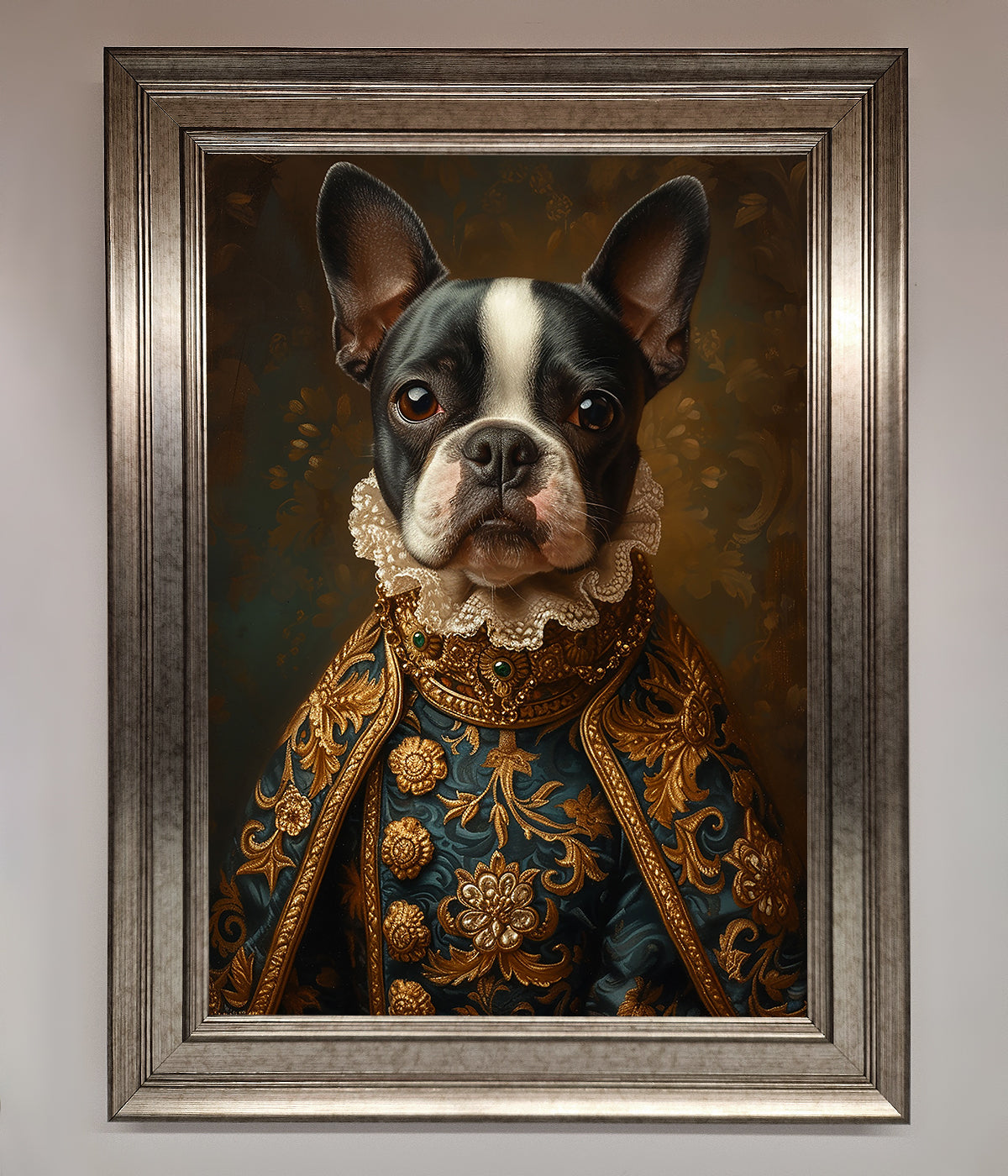 Renaissance French Bulldog framed print with ornate attire in silver frame.