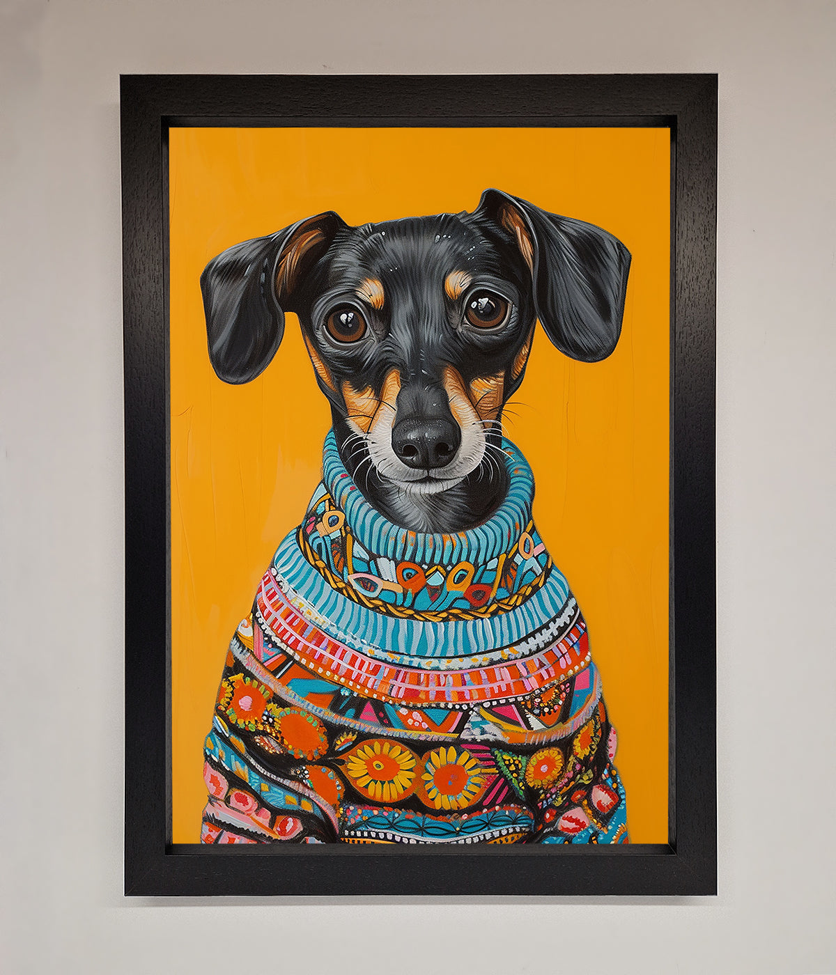 Sausage Dog In A Sweater Framed Print print