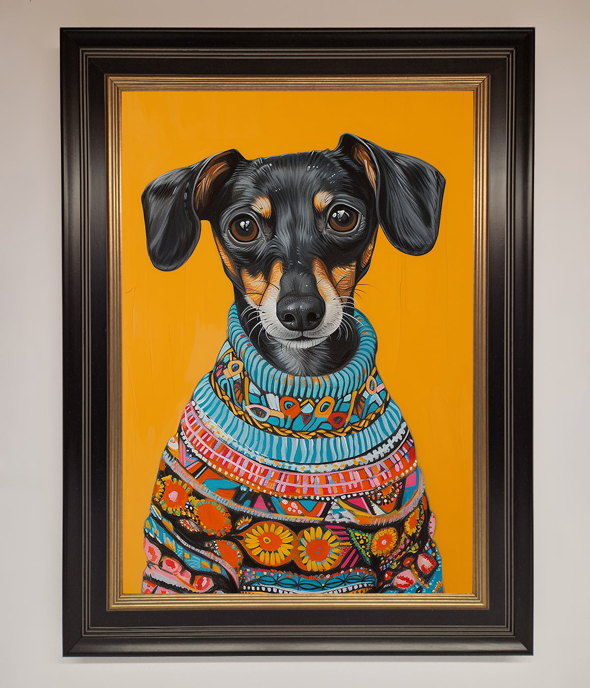 Sausage Dog In A Sweater Framed Print print