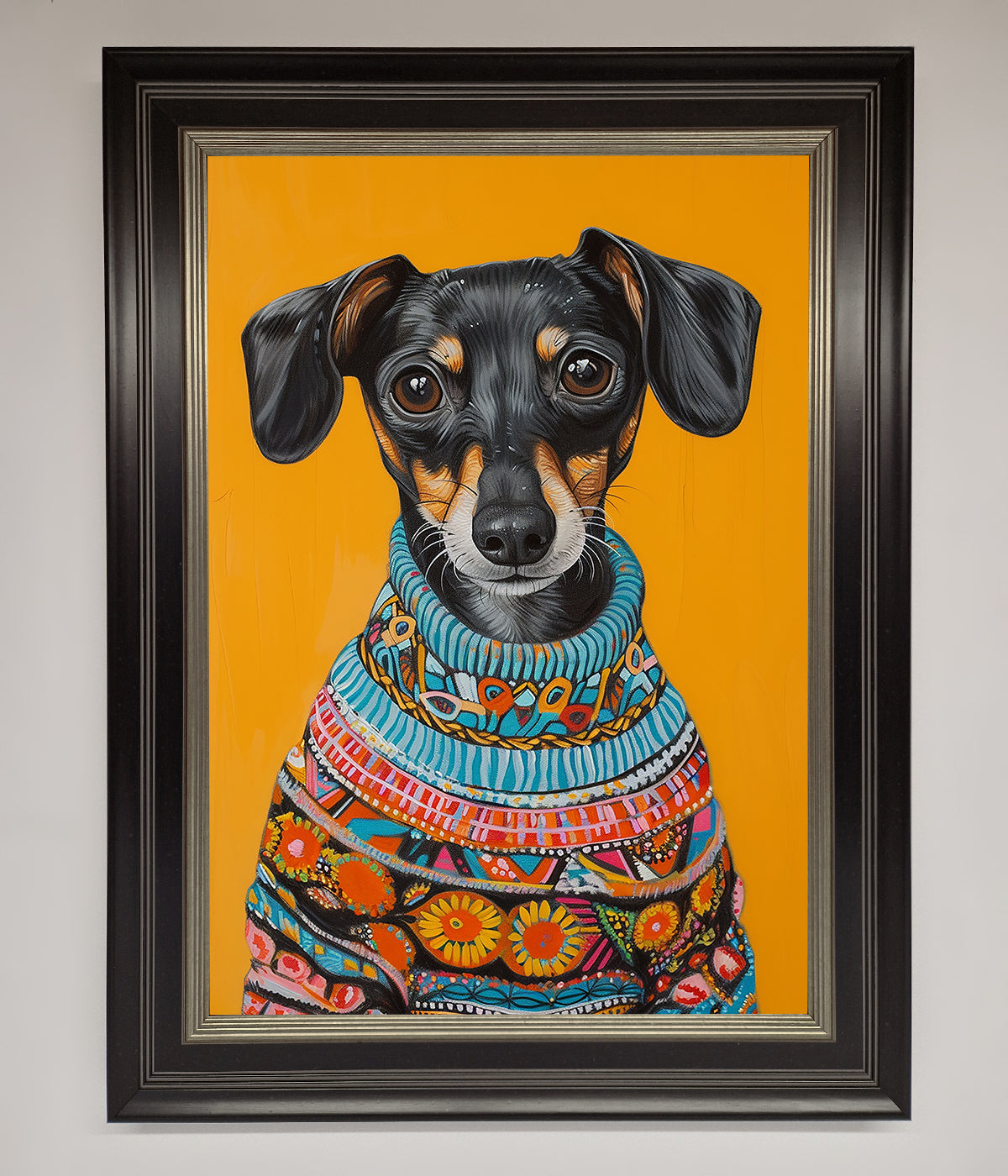 Sausage Dog In A Sweater Framed Print print