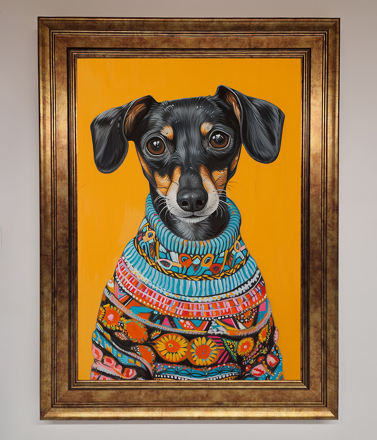 Sausage Dog In A Sweater Framed Print print