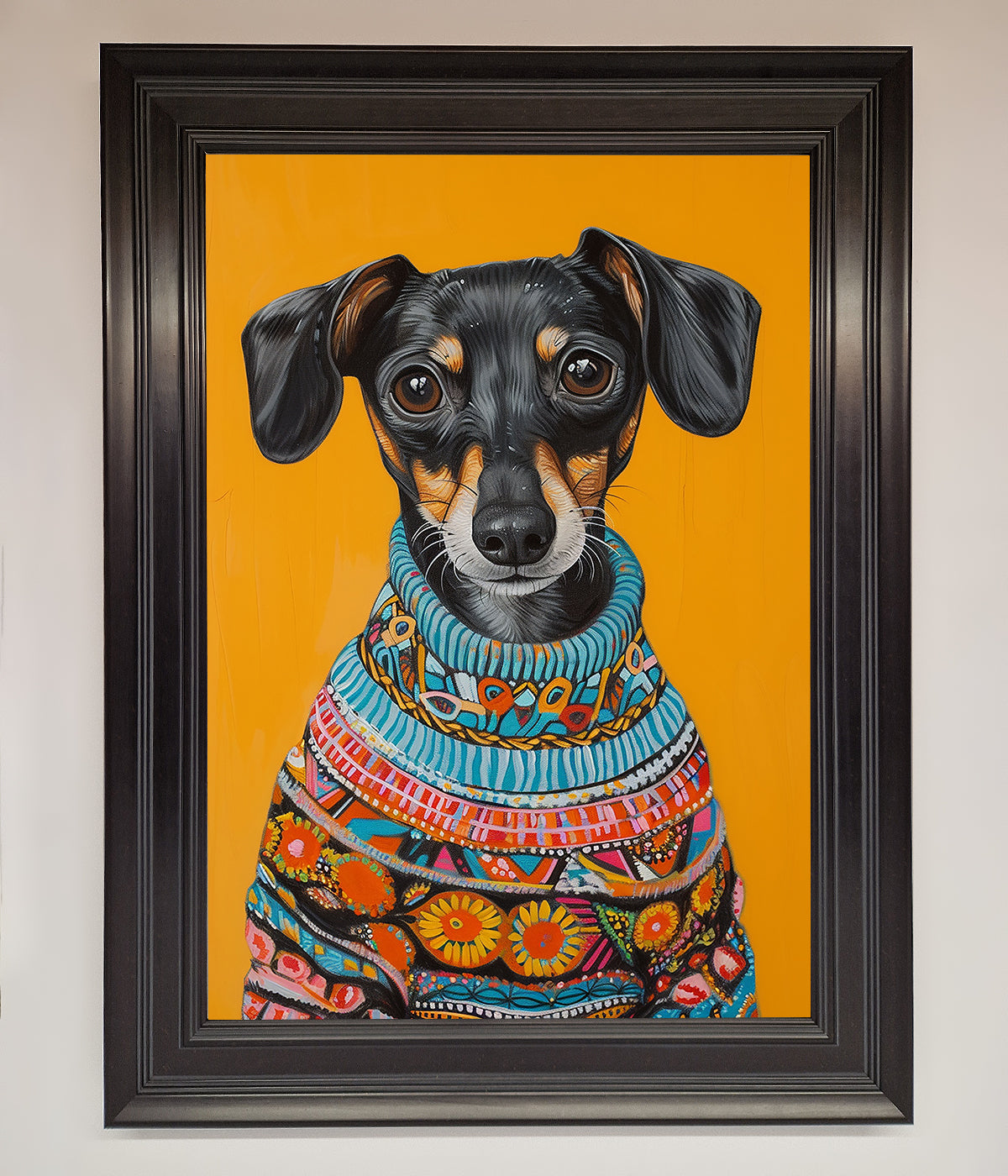 Sausage Dog In A Sweater Framed Print print