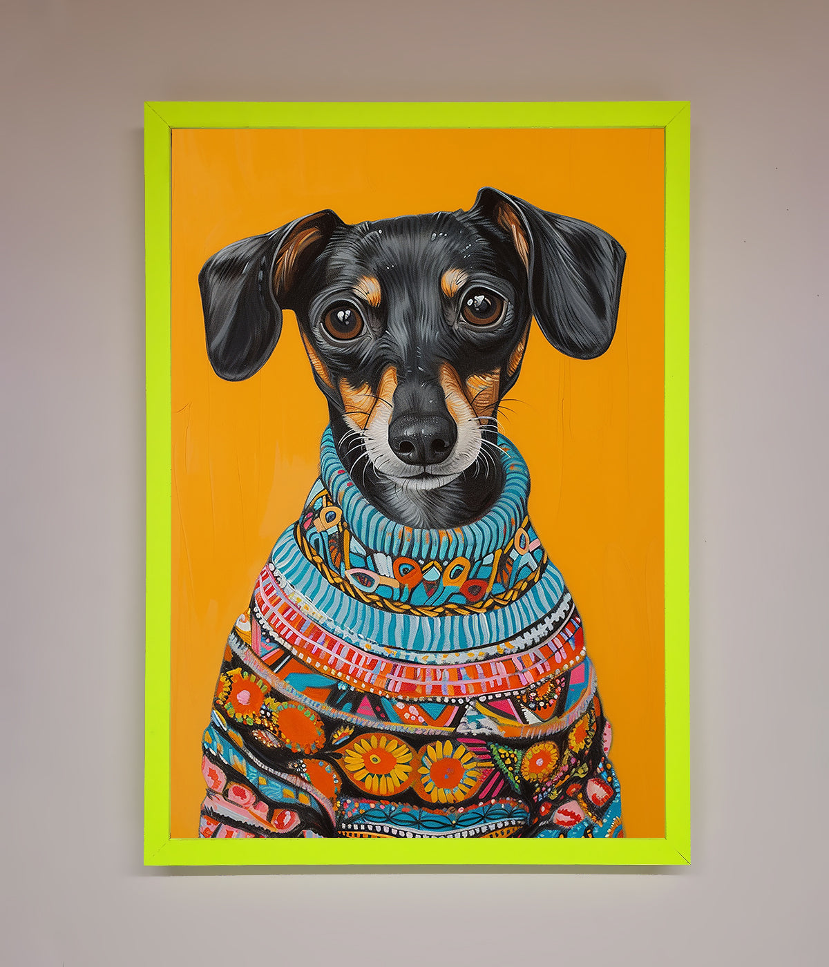 Sausage Dog In A Sweater Framed Print print