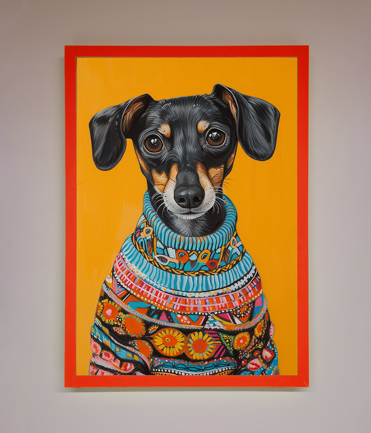 Sausage Dog In A Sweater Framed Print print