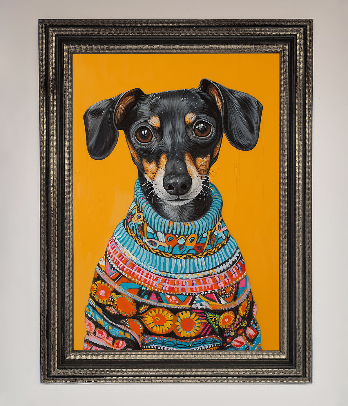 Sausage Dog In A Sweater Framed Print print