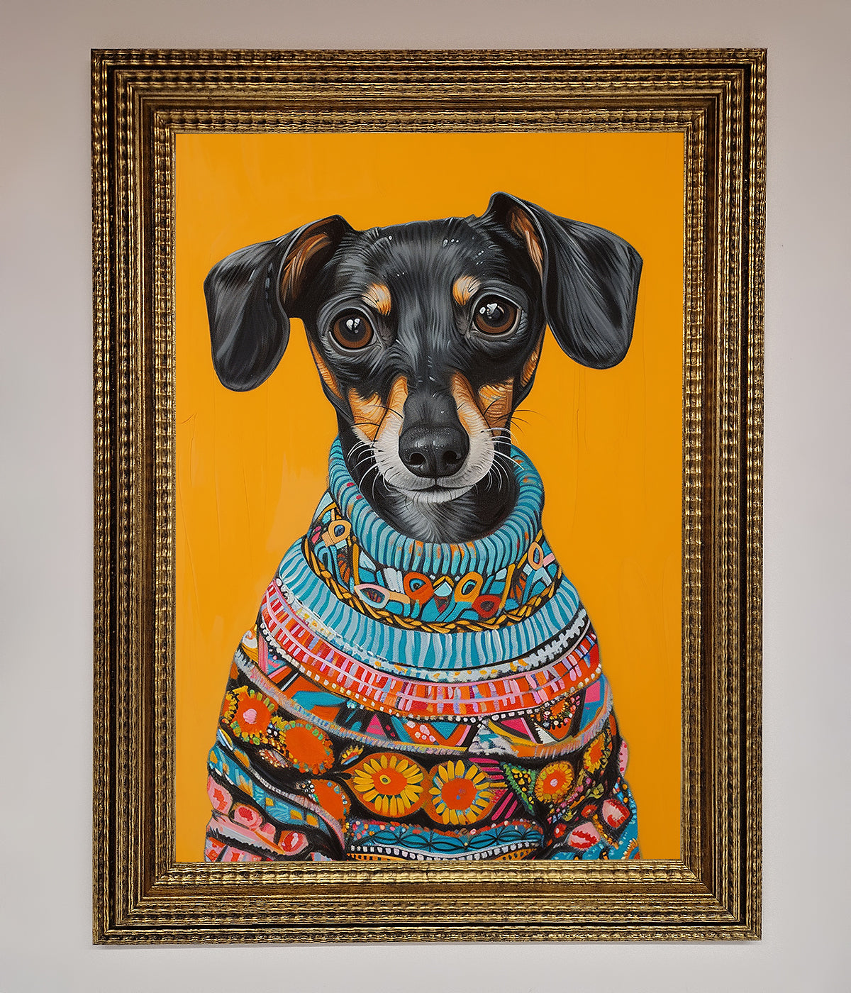 Sausage Dog In A Sweater Framed Print print