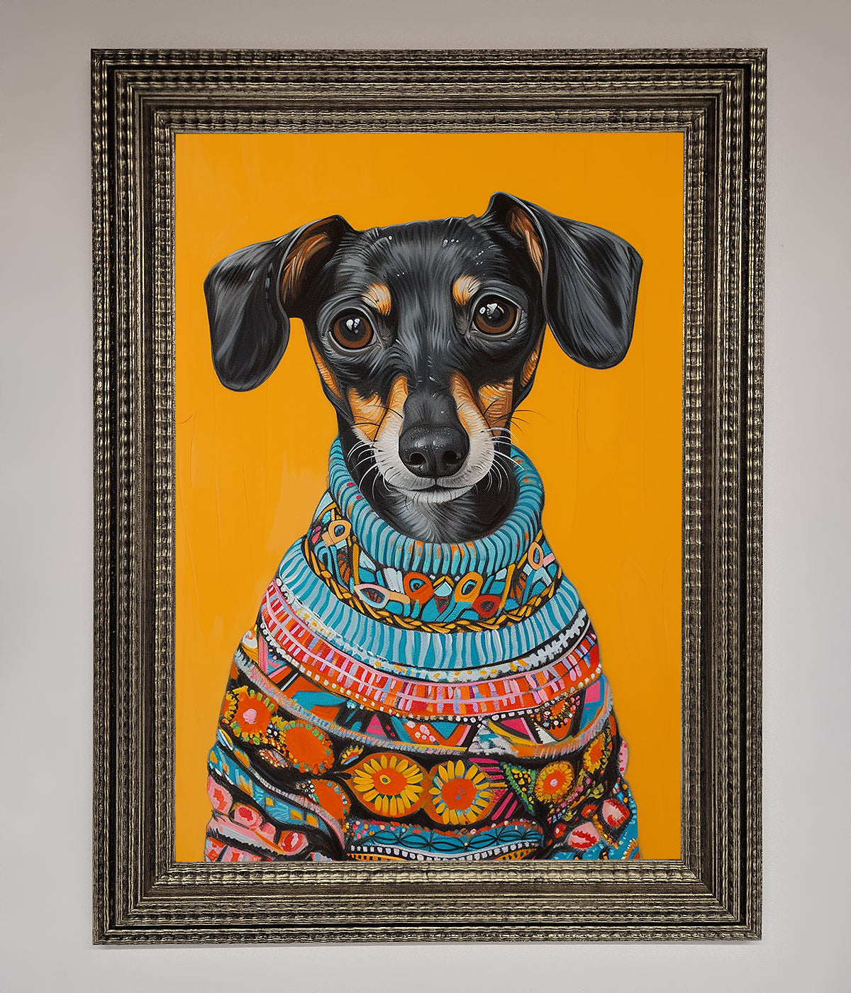 Sausage Dog In A Sweater Framed Print print