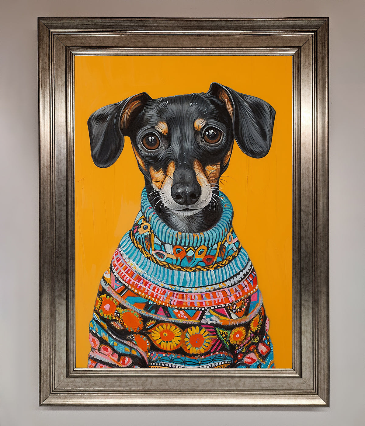 Sausage Dog In A Sweater Framed Print print