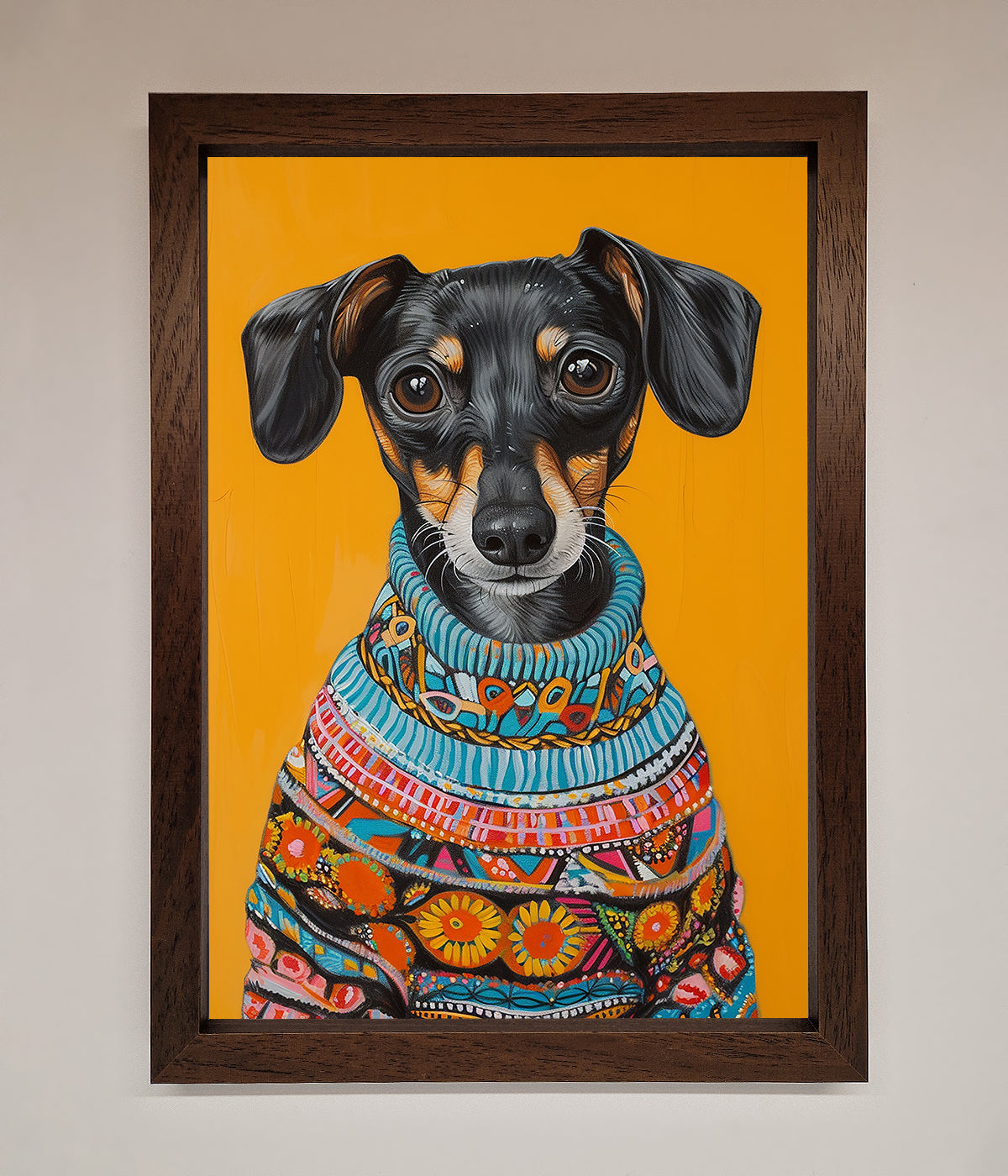 Sausage Dog In A Sweater Framed Print print