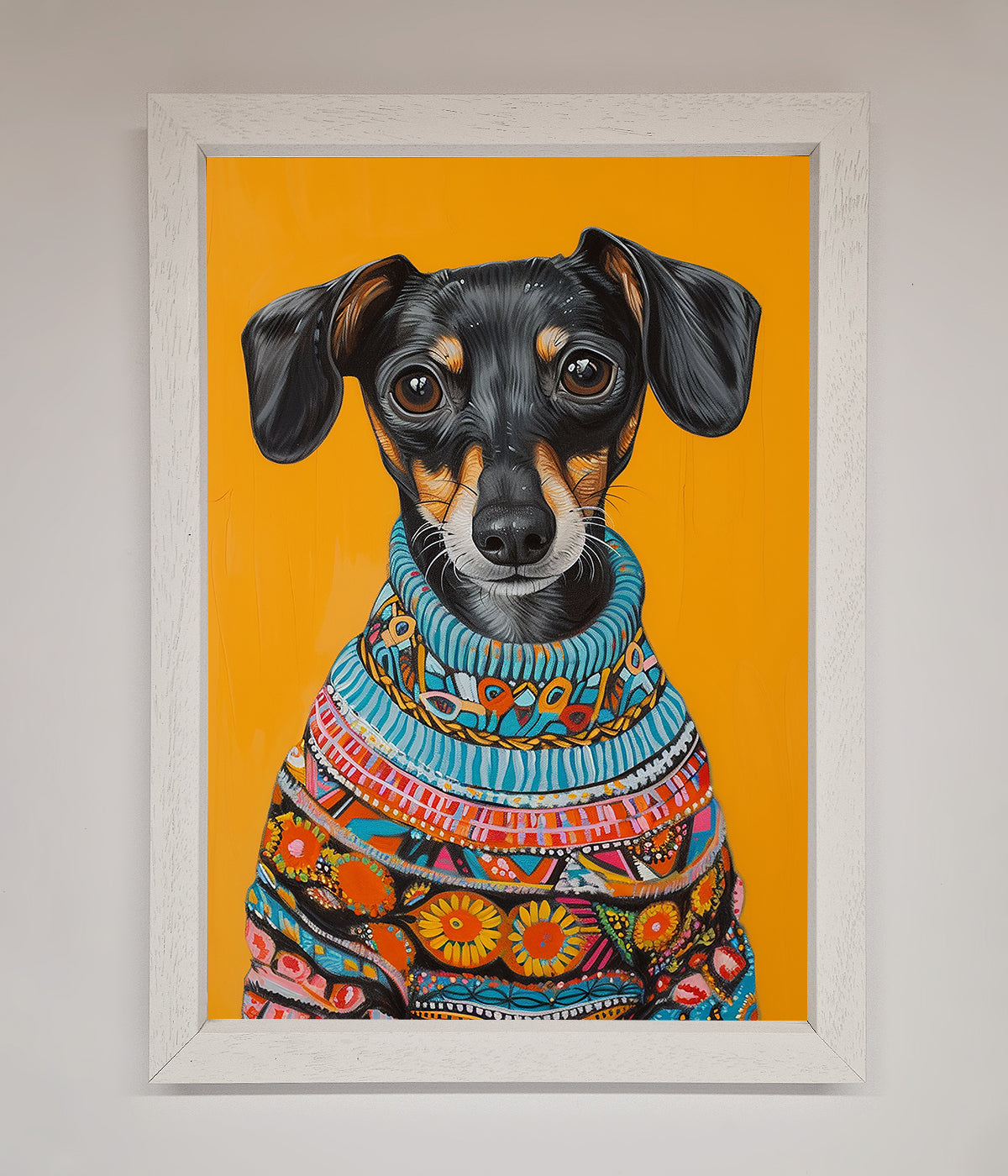 Sausage Dog In A Sweater Framed Print print