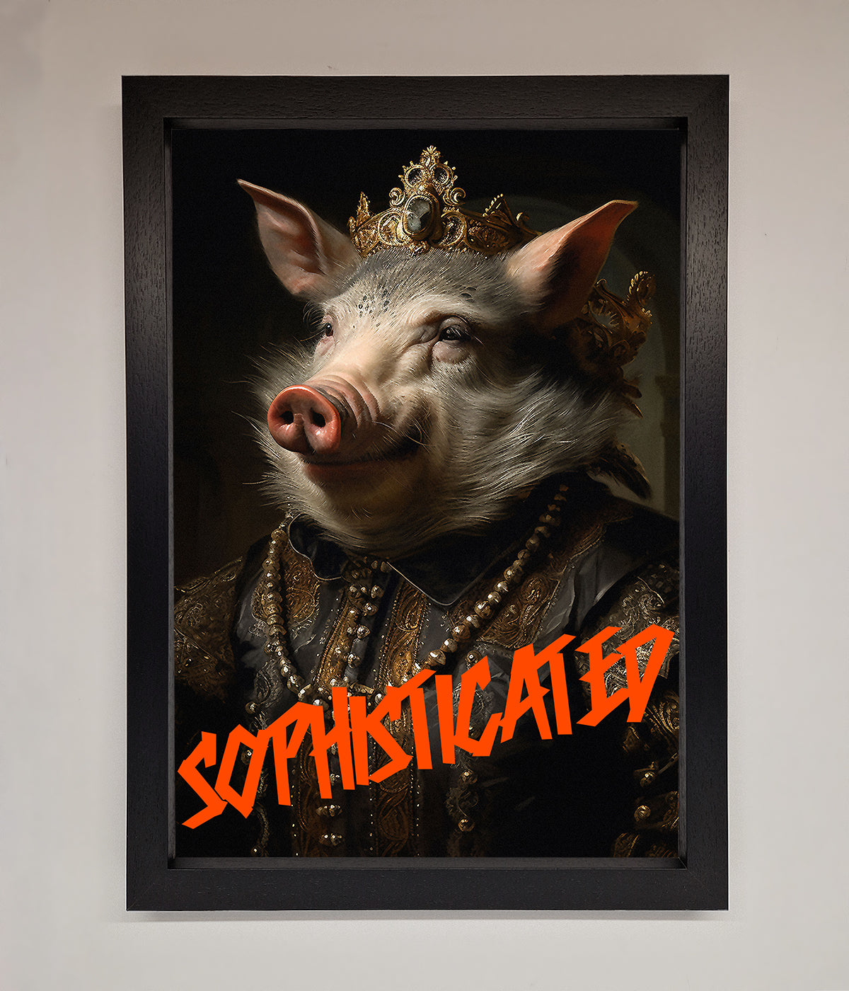 Sophisticated Pig Framed Wall Art featuring a regal pig in elaborate clothing.