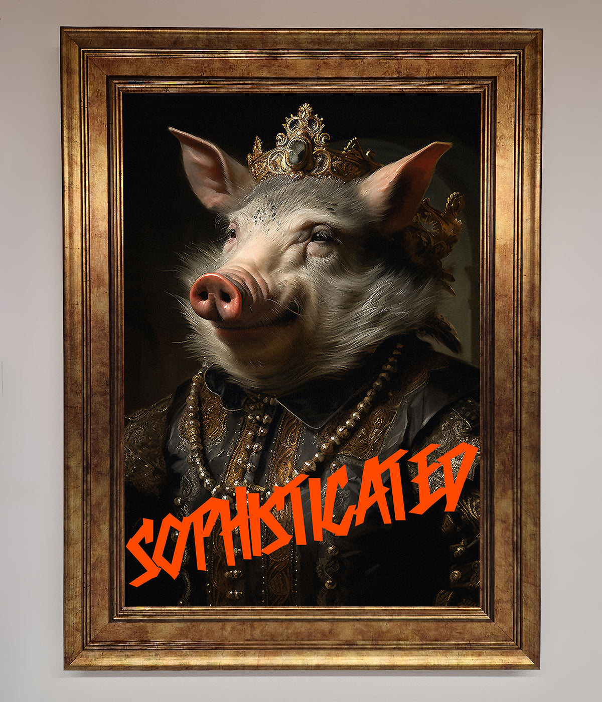 Sophisticated Pig Framed Wall Art with ornate attire and crown.