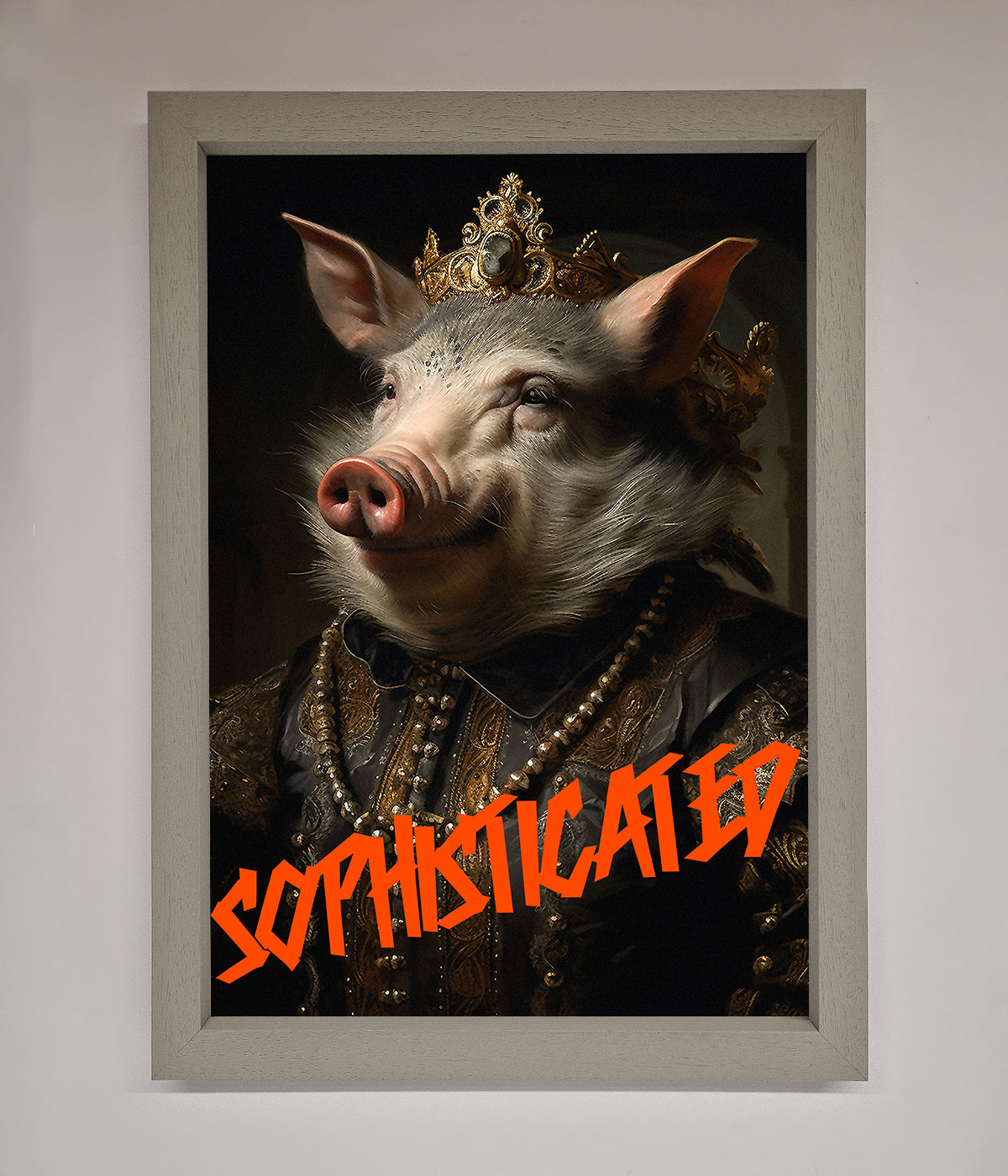 Sophisticated Pig Framed Wall Art featuring a pig in regal attire.