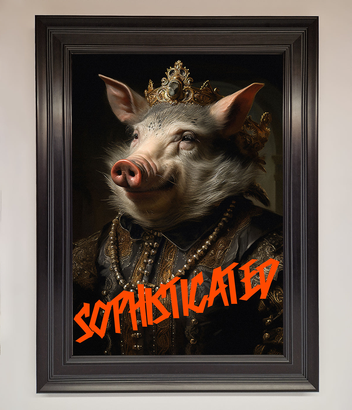 Sophisticated Pig framed wall art with regal attire and crown.